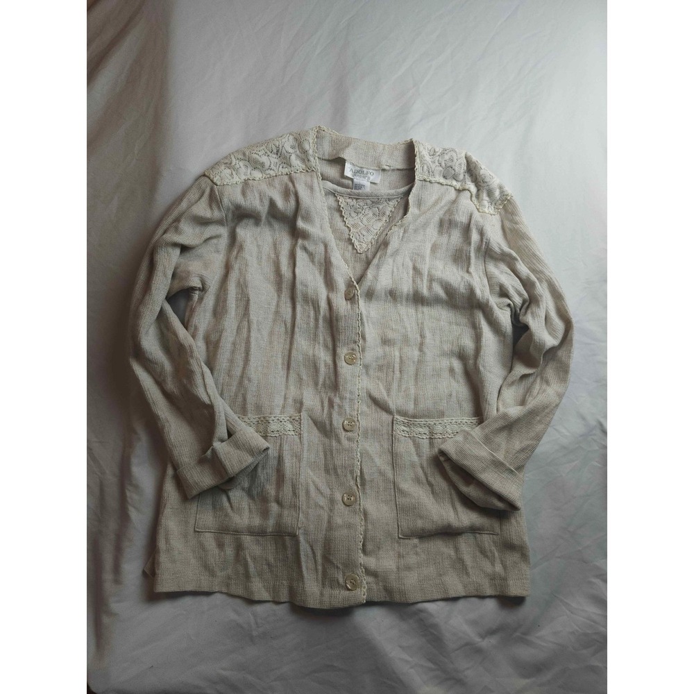 Adolfo Sport Womens Large Linen Blend Lace Trim Button Front Cardigan Beige Tan